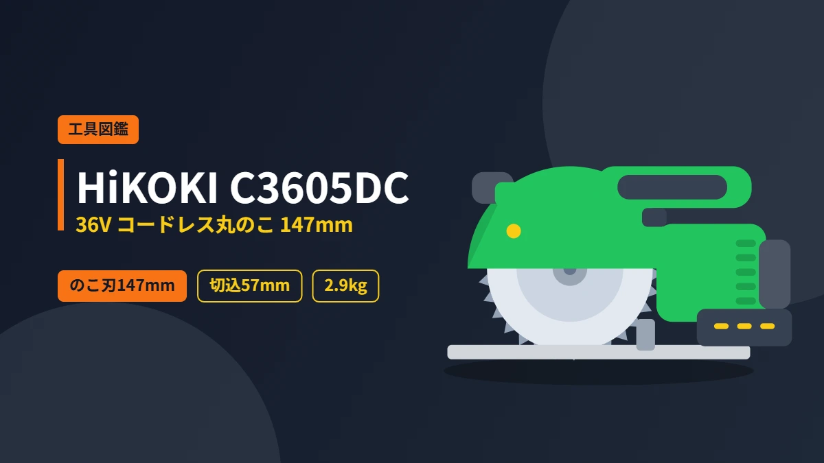 HiKOKI C3605DC 36Vマルチボルトコードレス丸のこのフラットイラスト。先端は147mmの丸のこ刃とベースプレート