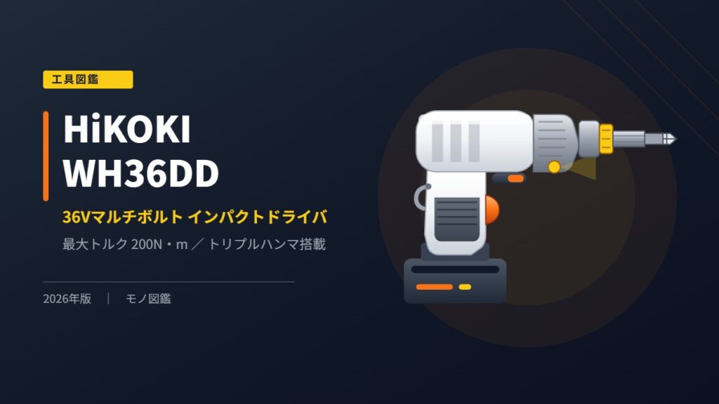 HiKOKI WH36DD 36Vマルチボルトインパクトドライバのフラットイラスト（六角ビットホルダーとドライバービット、スライド式バッテリー）