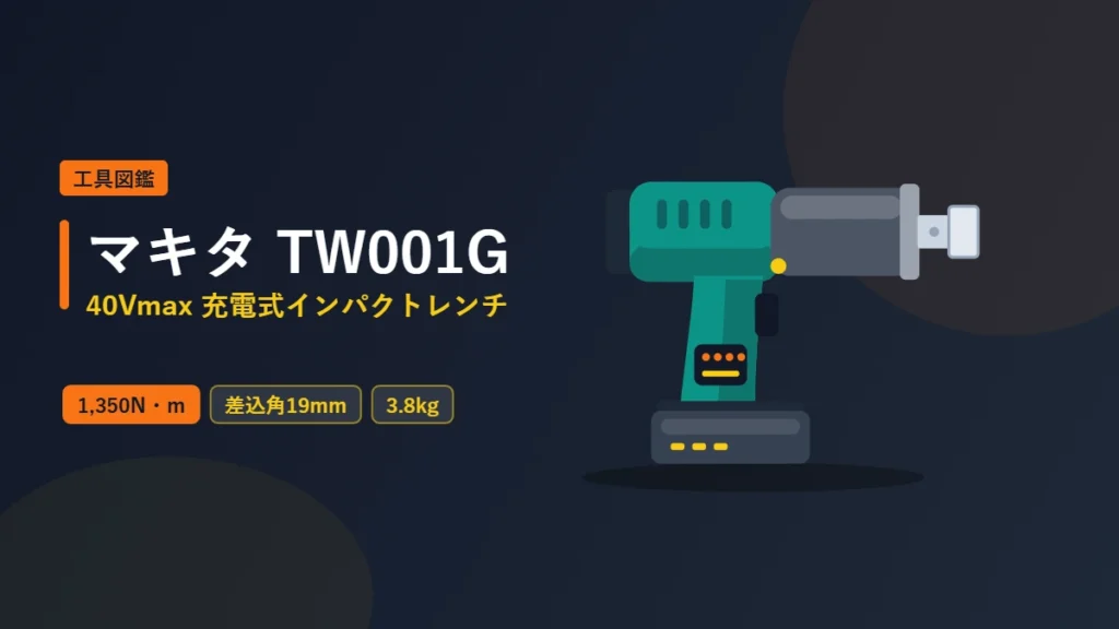 マキタ TW001G 40Vmax 充電式インパクトレンチのフラットイラスト。先端は四角ドライブアンビル（差込角19mm）、スライド式40Vmaxバッテリ装着