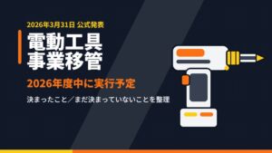 電動工具の事業移管を表すフラットイラスト。六角ビットホルダーを備えた充電インパクトドライバーと「電動工具 事業移管」の見出し