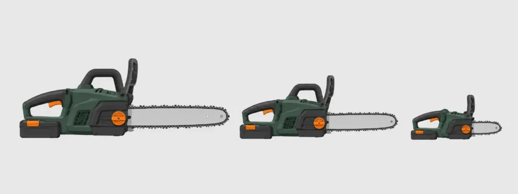 HiKOKI 充電式チェンソー 早見表のイラスト（バー長の違う3台のチェンソー）