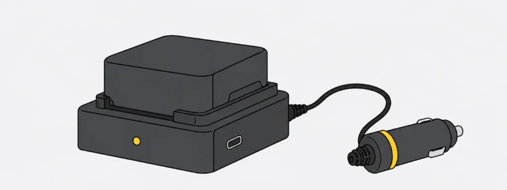 マキタ DC40SA 自動車用充電器のイラスト（上面のスライド式バッテリードックとUSB Type-C入力・シガーソケットアダプタ）