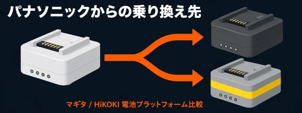 パナソニックのスライド式電池パックからマキタ・HiKOKIの電池へ乗り換える比較イラスト