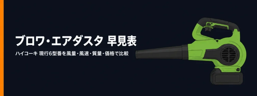 HiKOKI 充電式ブロワ・エアダスタ 現行6型番 早見表のイラスト