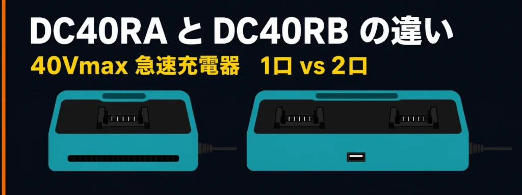 マキタ DC40RA と DC40RB の40Vmax急速充電器を1口と2口で比較したイラスト