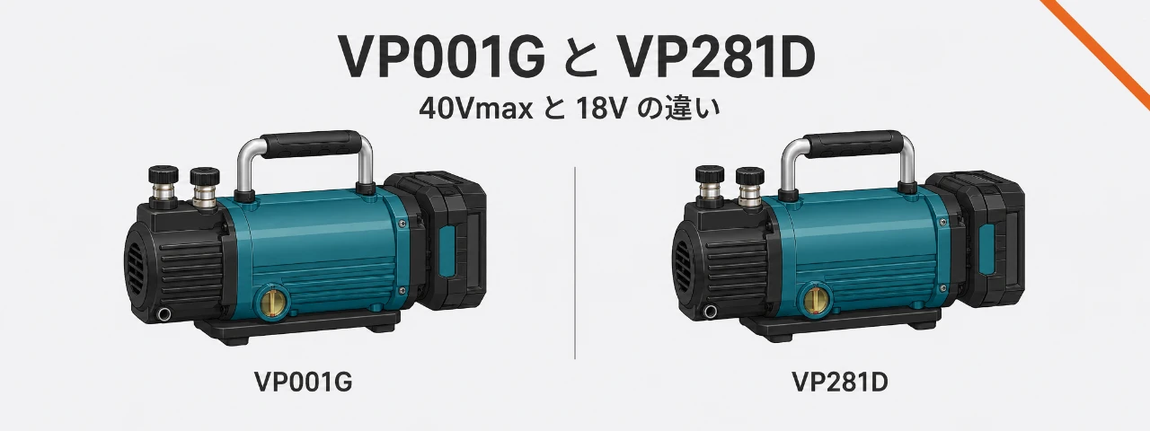 マキタ VP001G と VP281D の比較イラスト（同形状の充電式真空ポンプを2台左右に並べた図）