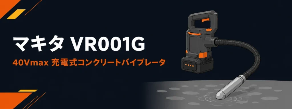 マキタ VR001G 40Vmax 充電式コンクリートバイブレータのイラスト（箱形モータ部とフレキシブルシャフト・円筒形の振動部）