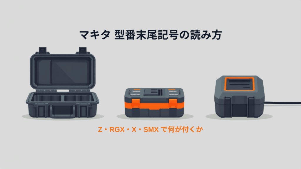 マキタ 型番末尾記号 Z・RGX・X・SMX の違いを示す工具ケース・バッテリー・充電器のイラスト