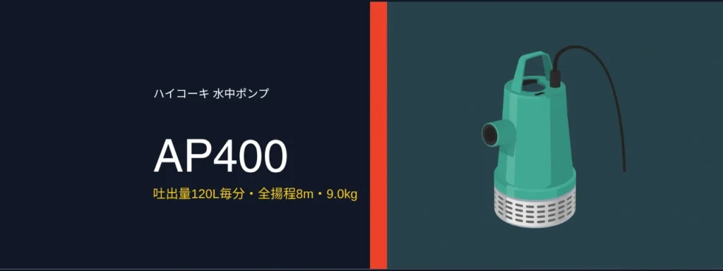 HiKOKI AP400 水中ポンプのイラスト（上面ループハンドル・上部吐出口・底部ストレーナ）