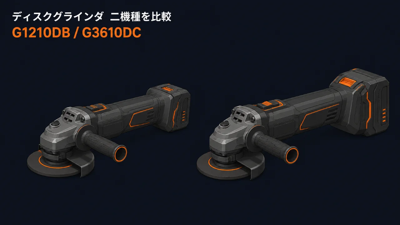 HiKOKI ディスクグラインダ G1210DB と G3610DC を並べた比較イラスト