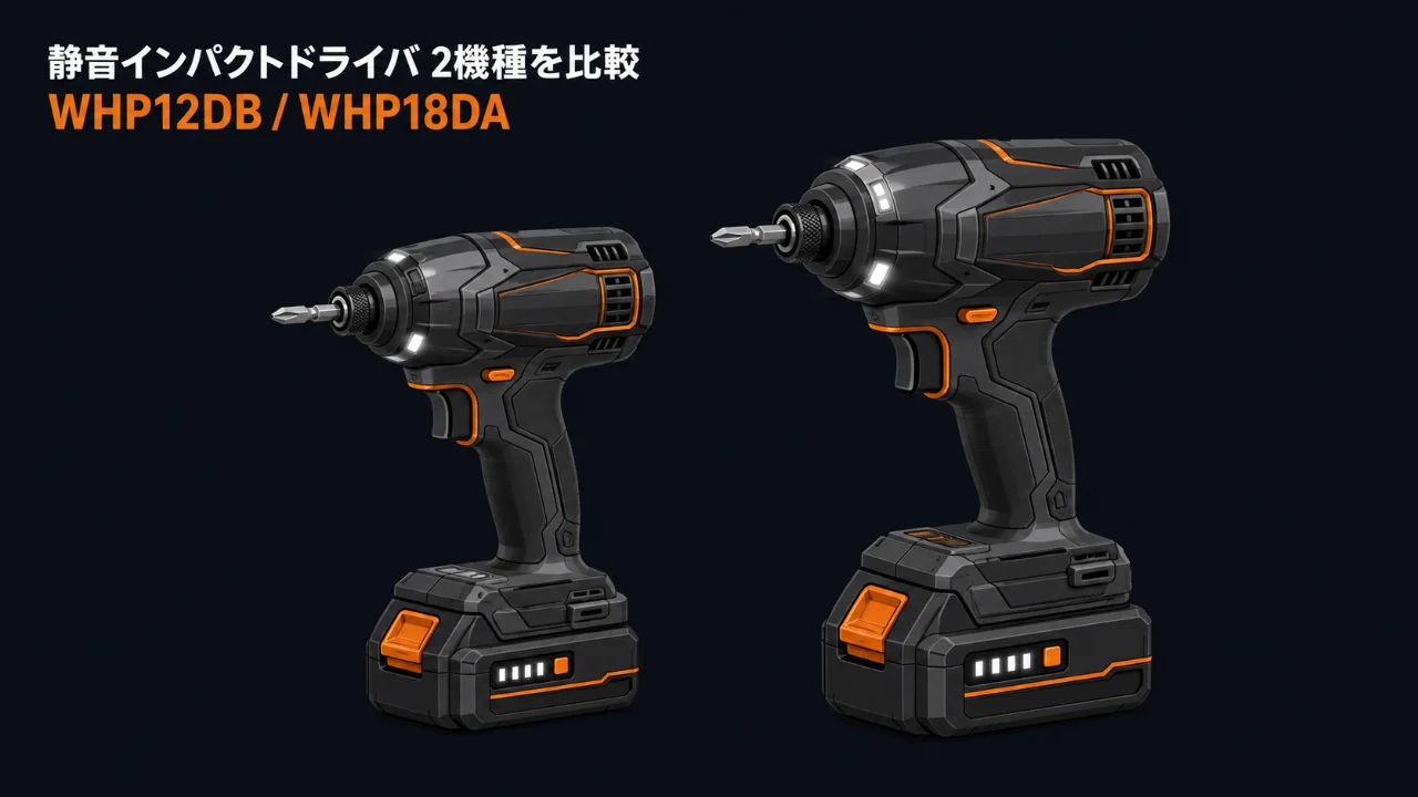 HiKOKI 静音インパクトドライバ WHP12DB と WHP18DA を並べた比較イラスト