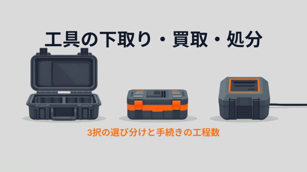 工具の下取り・買取・処分を表すフラットイラスト。工具ケースとスライド式バッテリーと充電器