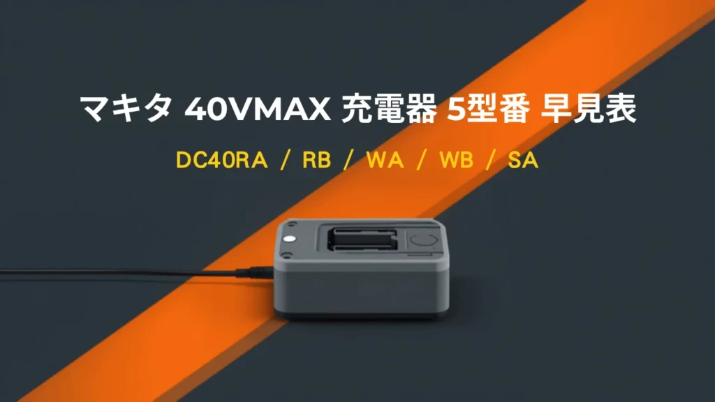 マキタ40Vmax充電器のフラットイラスト。上面のドッキングスロット・前面LED・側面の電源コードを備えた箱型充電器