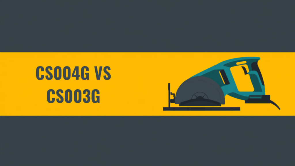 マキタ CS004GとCS003Gの比較イラスト。40Vmax充電式チップソーカッタの円形チップソーと半円のブレードガード、平らなベースプレート、角形スライドバッテリー