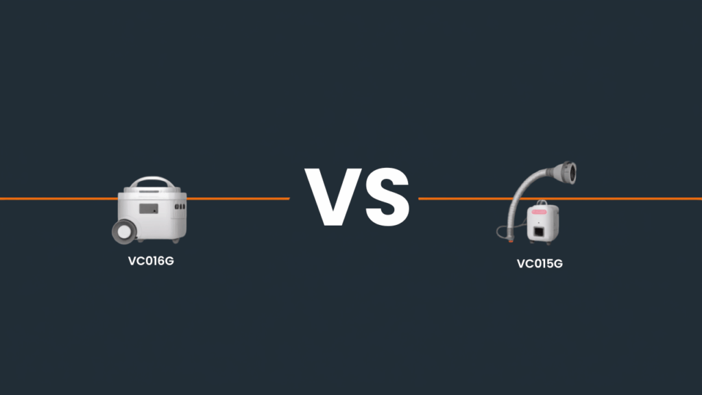 マキタ VC016GとVC015Gの比較イラスト。左は走行ホイール付きの箱型ドライクリーナVC016G、右はホースとカフスが付いた縦型の小型集じん機VC015G