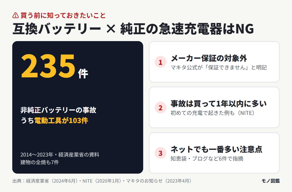 互換バッテリーを純正の急速充電器で使わない。非純正バッテリーの事故は235件、うち電動工具103件